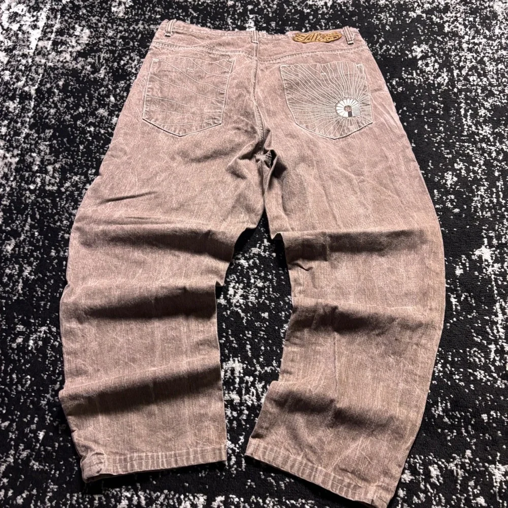 Akademiks Mens Y2K Baggy Wide Leg Jeans Brown Sun Faded Contrast Stitch 36x31